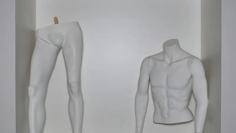 Un buste et des jambes de mannequin de vitrine, en plastique blanc, dans une niche éclairée.