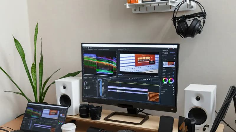 Un poste de montage vidéo : un écran large affichant une timeline, deux enceintes, un micro et un appareil photo sur le bureau.